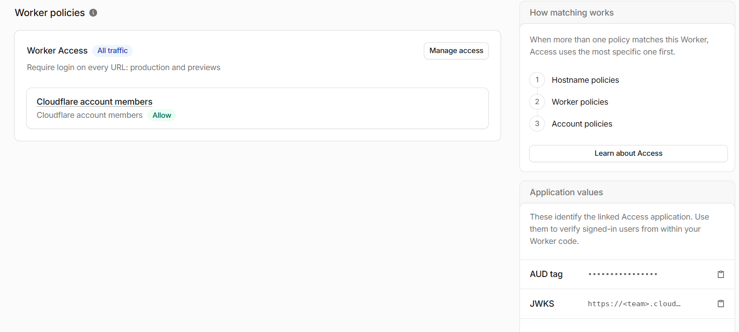 Access is on: Worker Access, All traffic, and the Application values on the right