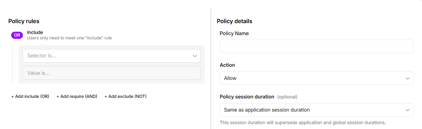 Add policy: Include rules on the left, name and action on the right