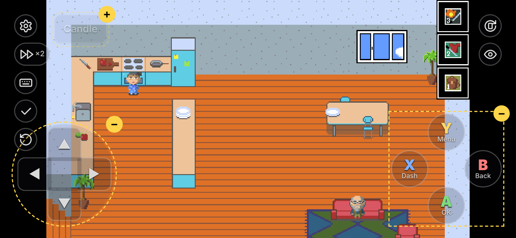 Editing the layout: the Candle key is hidden (+ brings it back), ✓ saves