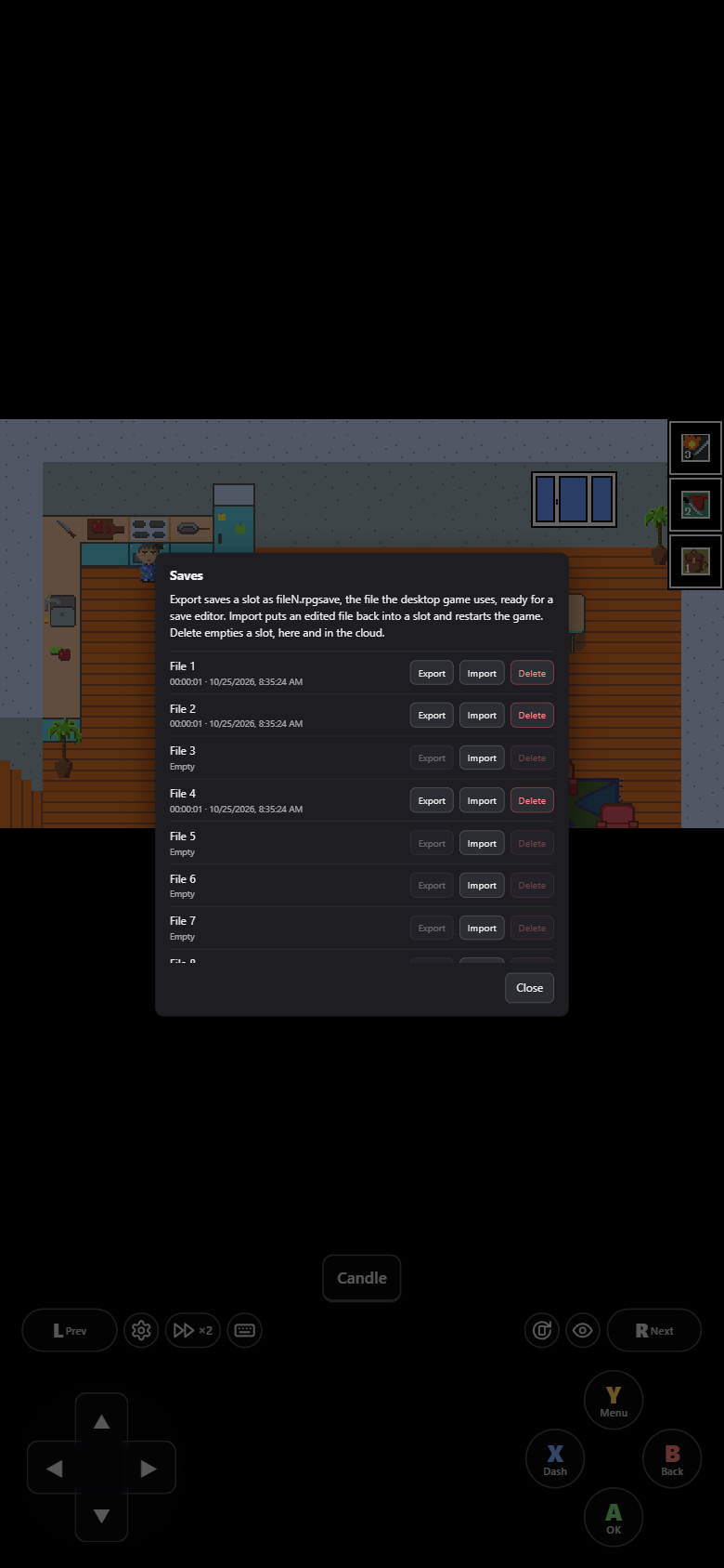 The Saves panel: Export, Import and Delete per slot